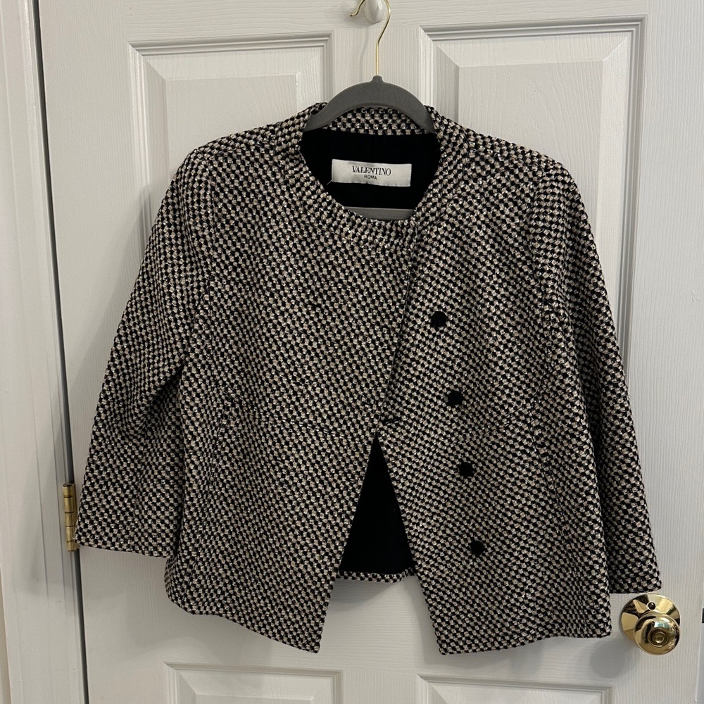 Valentino Black and White Tweed Jacket with Side Buttons and skirt suit